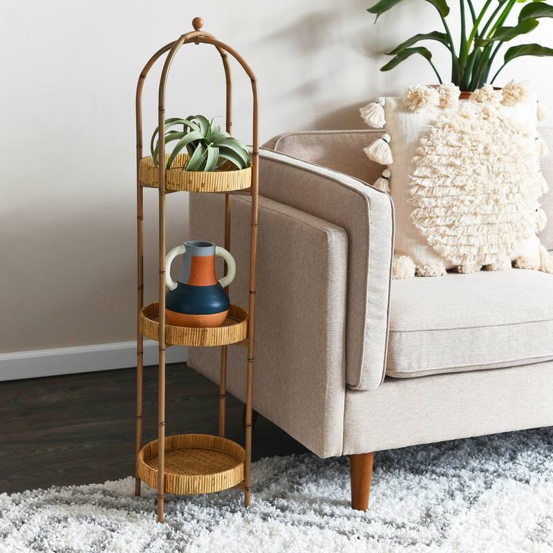 Arched Metal Plant Stand or Shelf with Removable Rattan Trays - 44.625"H - Natural