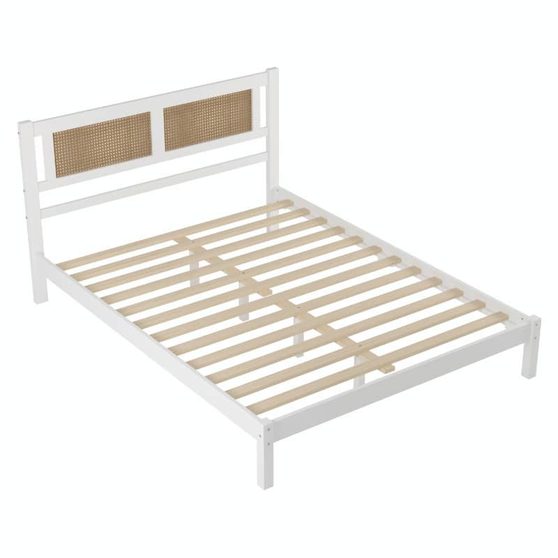 Wood Platform Bed with Natural Rattan Headboard, Elegant Minimalist Design