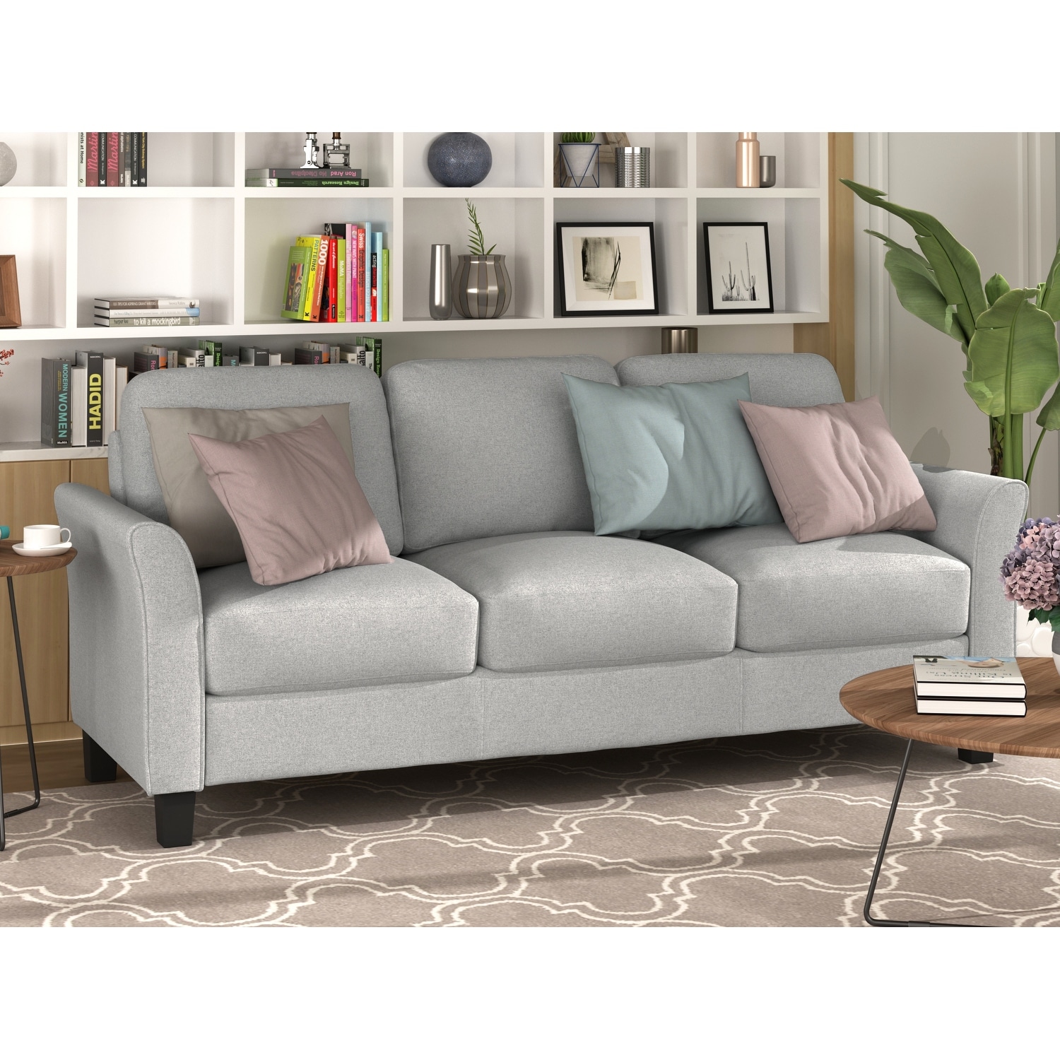 Linen Fabric Upholstered Sofa 3 Seater Removable Back Cushions Couch for  Living Room with Throw Pillows and Square Arms - Bed Bath & Beyond -  38427881