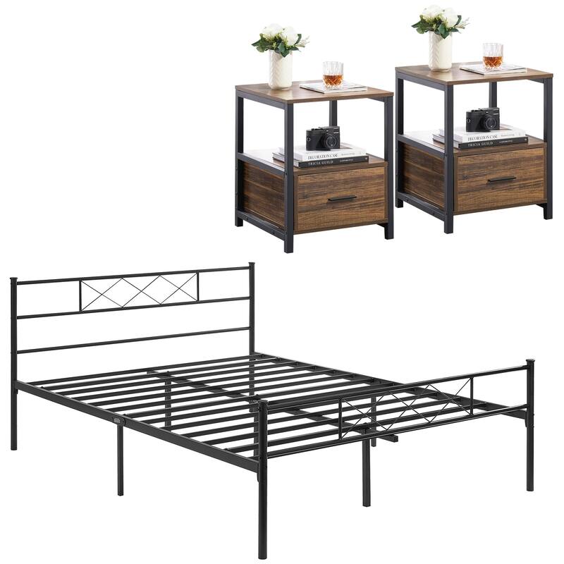 VECELO Industrial 3-Piece Bedroom Set Black Platform Bed Frame with Headboard and Modern Nightstand Set of 2