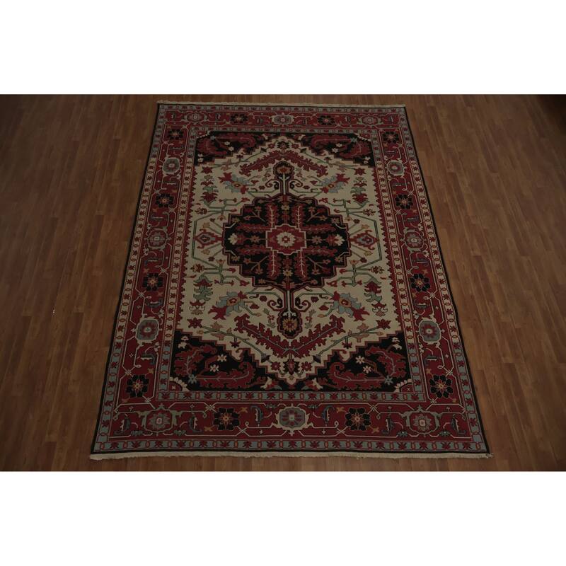 Hand Knotted Oriental 100% Wool Carpet Traditional Geometric Beige & Ivories Sumak Area Rug - 12' 1'' X 9' 1''
