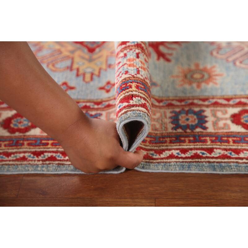 Light Blue Geometric Kazak Runner Rug Hand-Knotted Wool Carpet - 2'8" x 6'6"