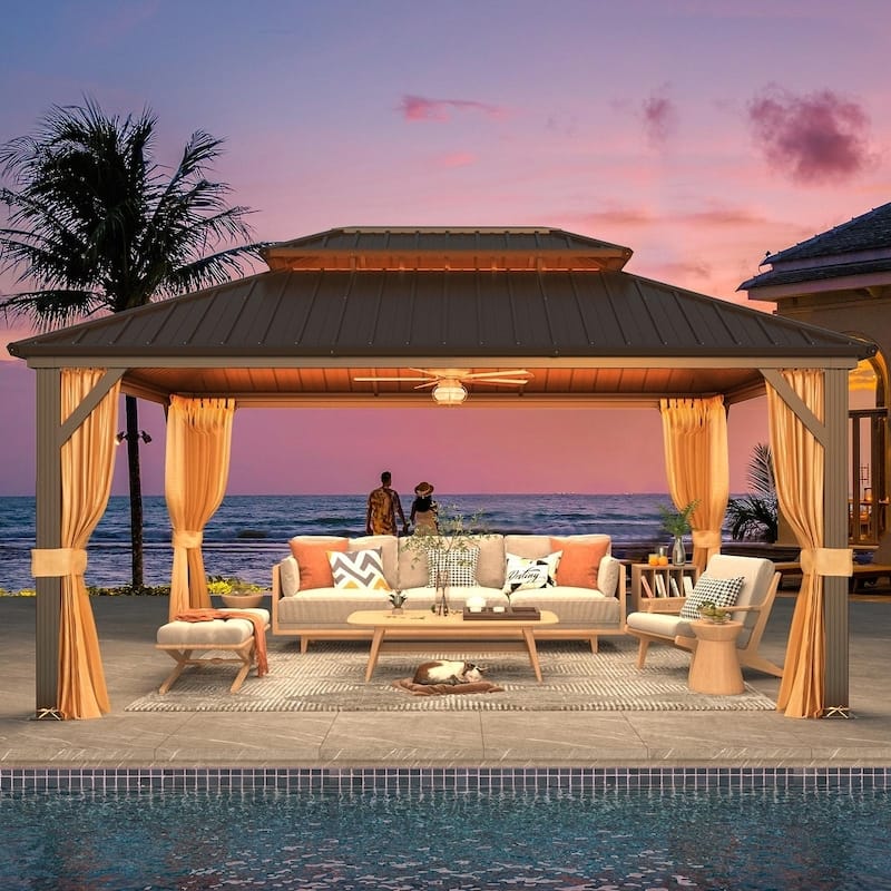 EROMMY Anti-Rust Coating Iron Hardtop Sun Shade Shelter Outdoor Canopy & Pergolas w/Curtains and Netting
