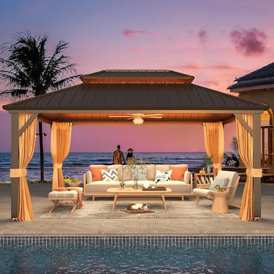 EROMMY Anti-Rust Coating Iron Hardtop Sun Shade Shelter Outdoor Canopy & Pergolas w/Curtains and Netting