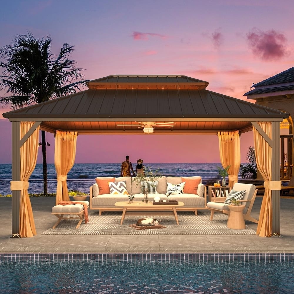 EROMMY Anti-Rust Coating Iron Hardtop Sun Shade Shelter Outdoor Canopy & Pergolas w/Curtains and Netting