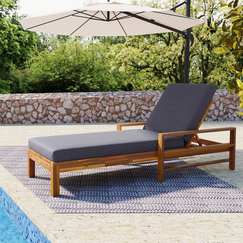 Outdoor Acacia Daybed Lounge Chair with Adjustable Backrest - Natural+Grey