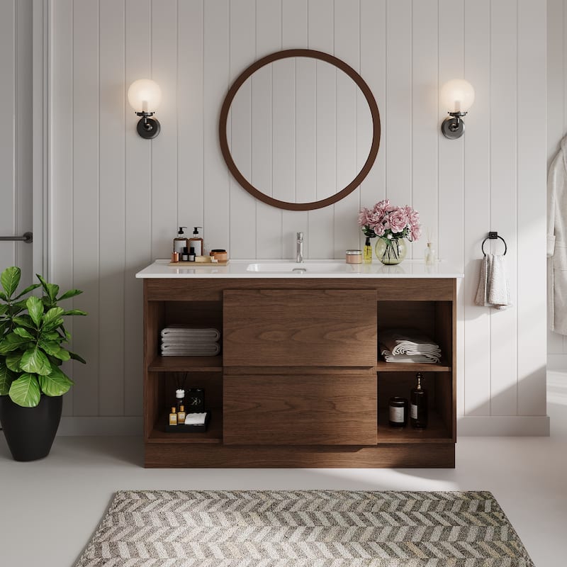 47"Mid Century Single Bathroom Vanities with Sink, White Vanities with 2 Drawers and 4 Shelves - Brown wood