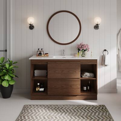 47"Mid Century Single Bathroom Vanities with Sink, White Vanities with 2 Drawers and 4 Shelves