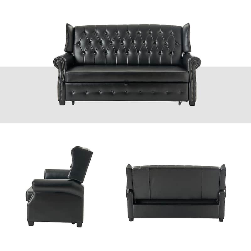 Ruedi Transitional 73.6" Vegan Leather Sofa Bed with Tufted Back and Nailhead by HULALA HOME
