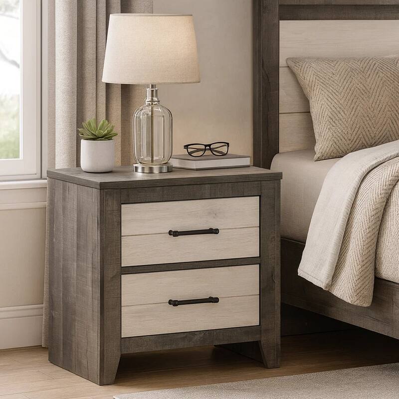 Yaz 25 Inch Modern 2 Drawer Nightstand, Bar Metal Handles, White and Gray