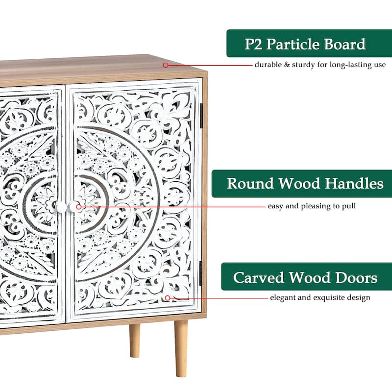 Anmytek 2-Door Hollow-Carved Wood Buffets and Sideboards Storage Cabinet for Living Room - 31.5"W x 13.78"D x 30.71"H