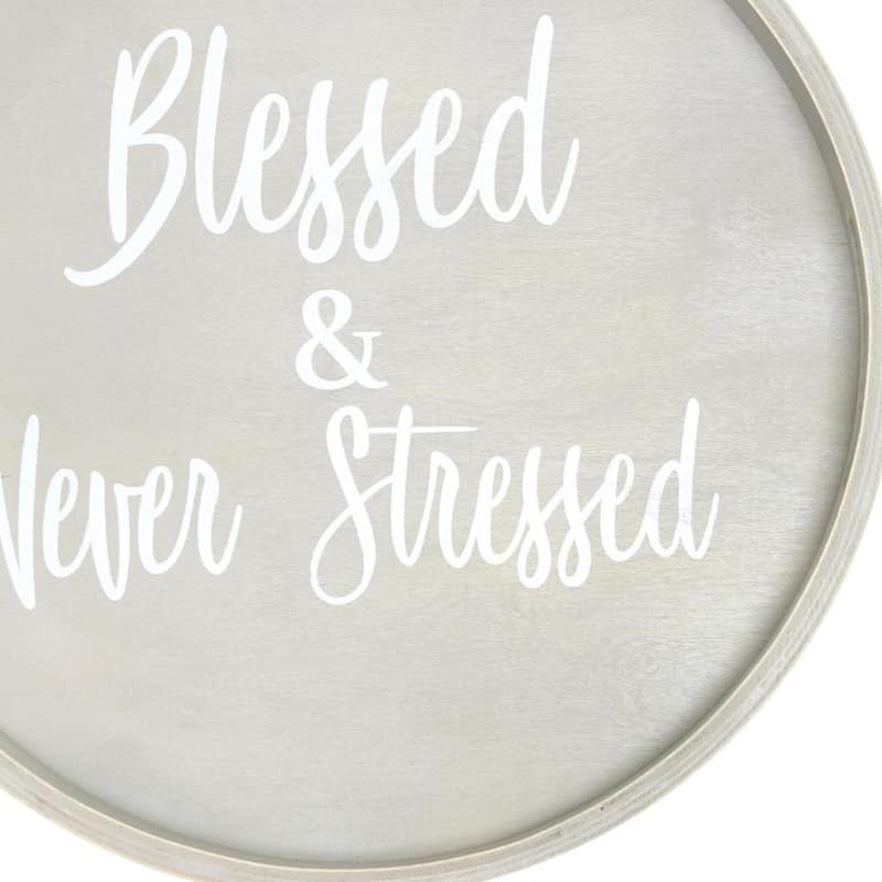 HomeRoots 14" Gray And White Blessed and Never Stressed Round Serving Tray With Handles - 13.75 in. x 1.65 in. x 13.75 in.