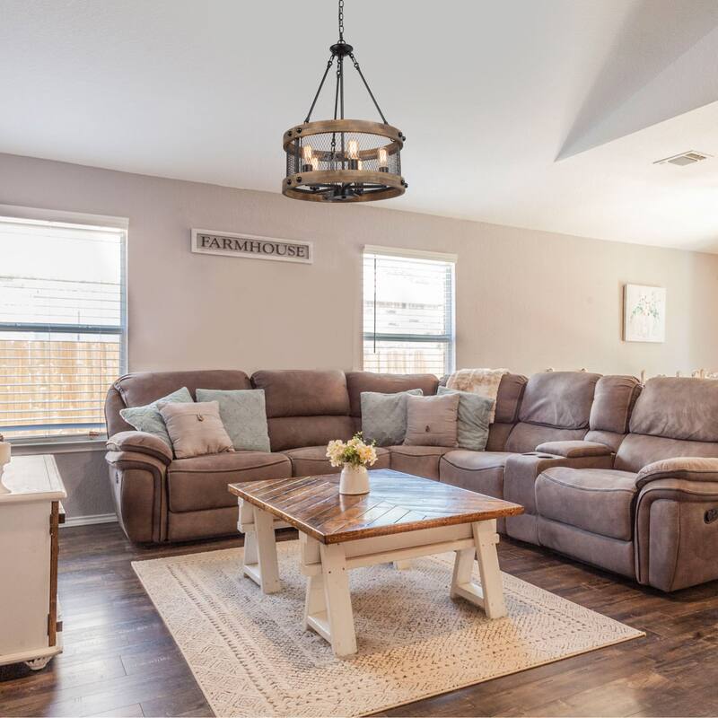 Farmhouse 5-Light Wood Drum Chandelier for Dining Room