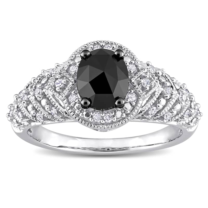 Miadora 10k White Gold 1ct TDW Oval-cut Black and White Diamond Halo Vintage Engagement Ring