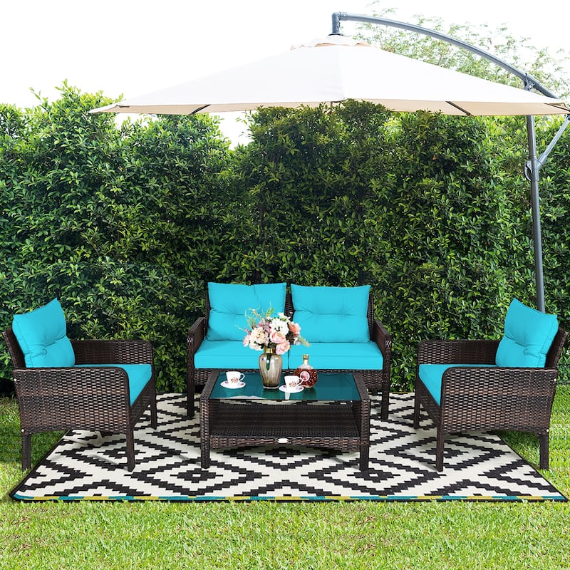 Costway 4PCS Patio Rattan Furniture Set Loveseat Sofa Coffee Table - 28'' x26'' x29'' - 28'' x26'' x29'' - Turquoise