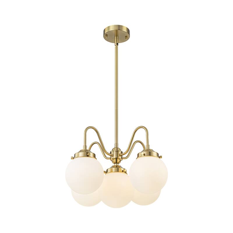 5-Light Mid-Century Modern Brass-Tone & Frosted Glass Chandelier for Living Room - 5 Light