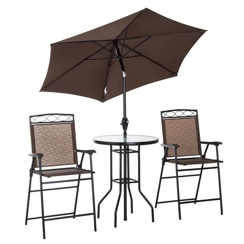 4PCS Patio Dining Set, Folding Chairs, Umbrella, Glass Table Outdoor