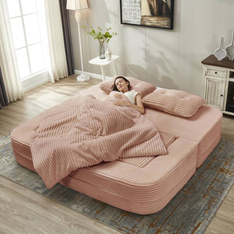 Convertible Floor Sofa Bed with Chaise Lounge, Corduroy 3-in-1 Sofa, Sofa to Bed with Dual-Purpose Blanket, No Assembly Required