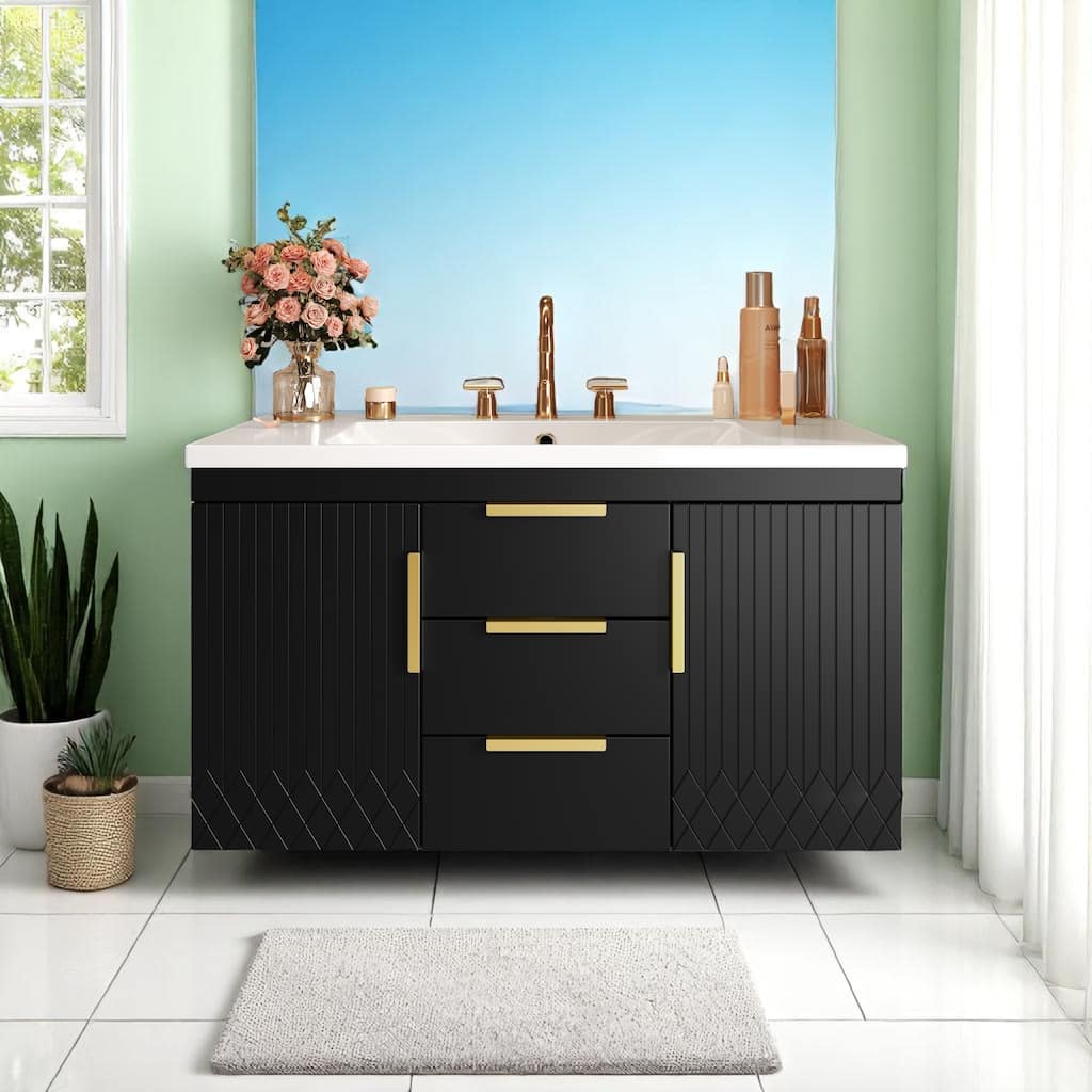 36" Wall-Mounted Bathroom Vanity Cabinet with Resin Sink - Floating Door & Drawer Storage, 8" Centerset Faucet Compatible