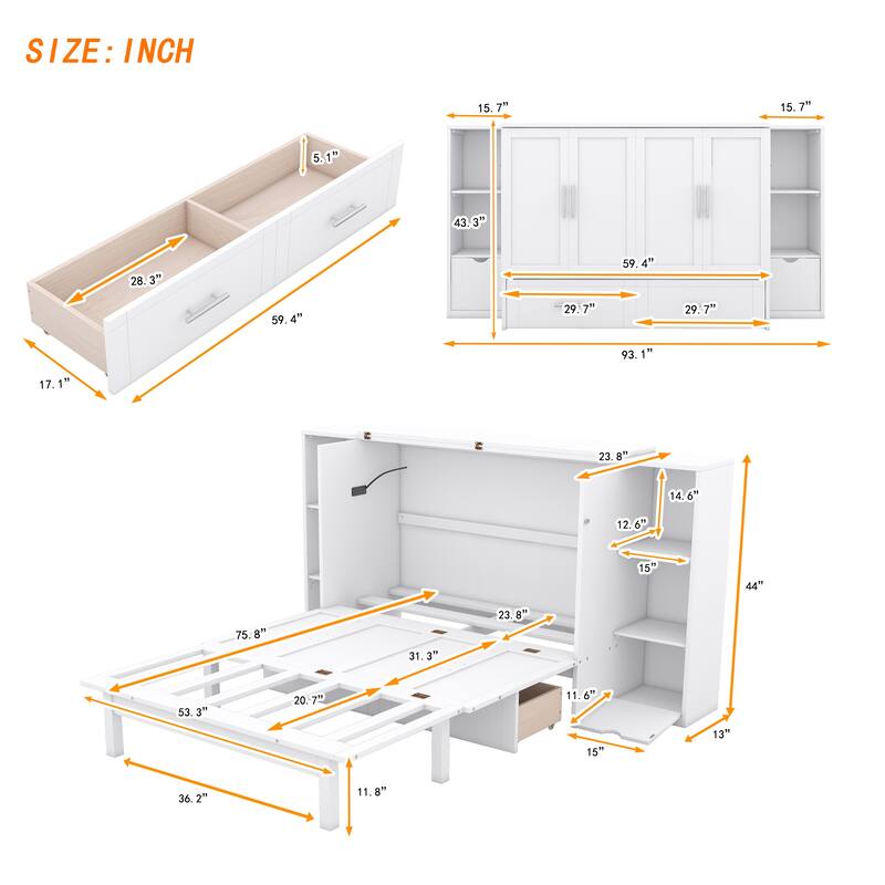 Full Size Murphy Bed with Shelves, Drawers, USB Ports