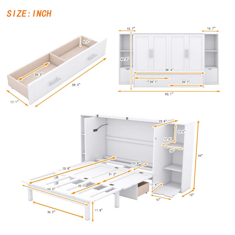 Queen/Full Murphy Bed with Shelves, Drawers and USB Ports