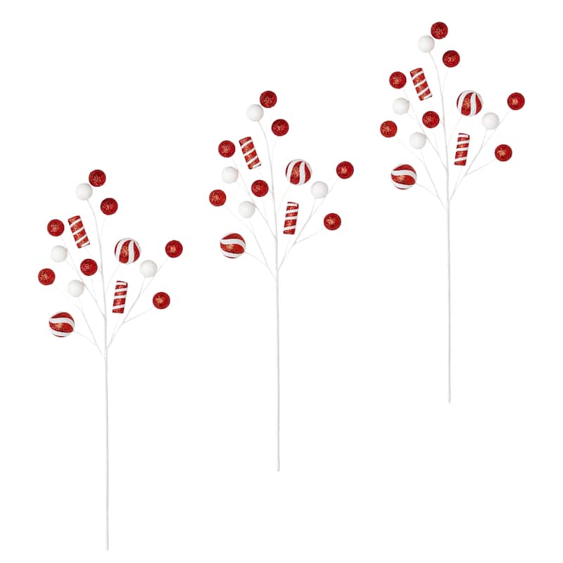 27" Glittered Ball & Candy Spray, Red, Set of 3 - Red