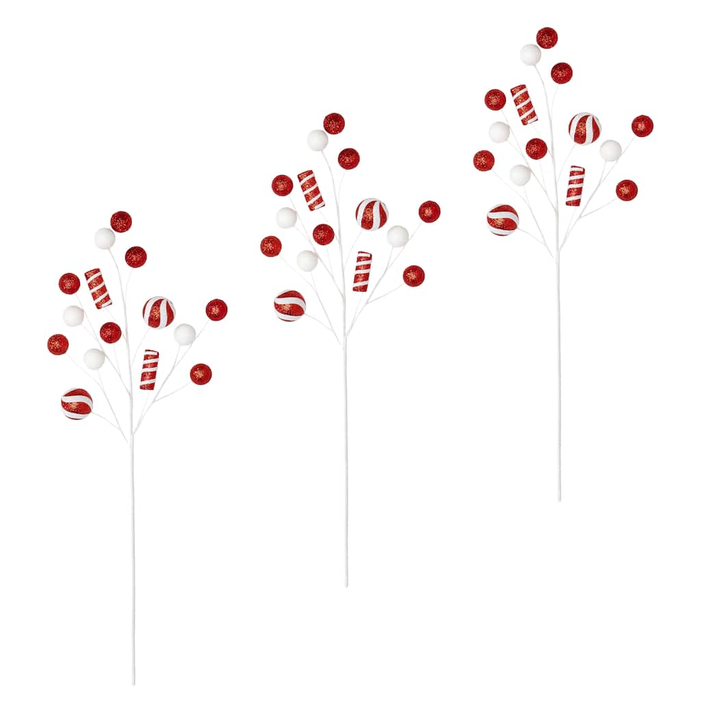 27" Glittered Ball & Candy Spray, Red, Set of 3 - Red