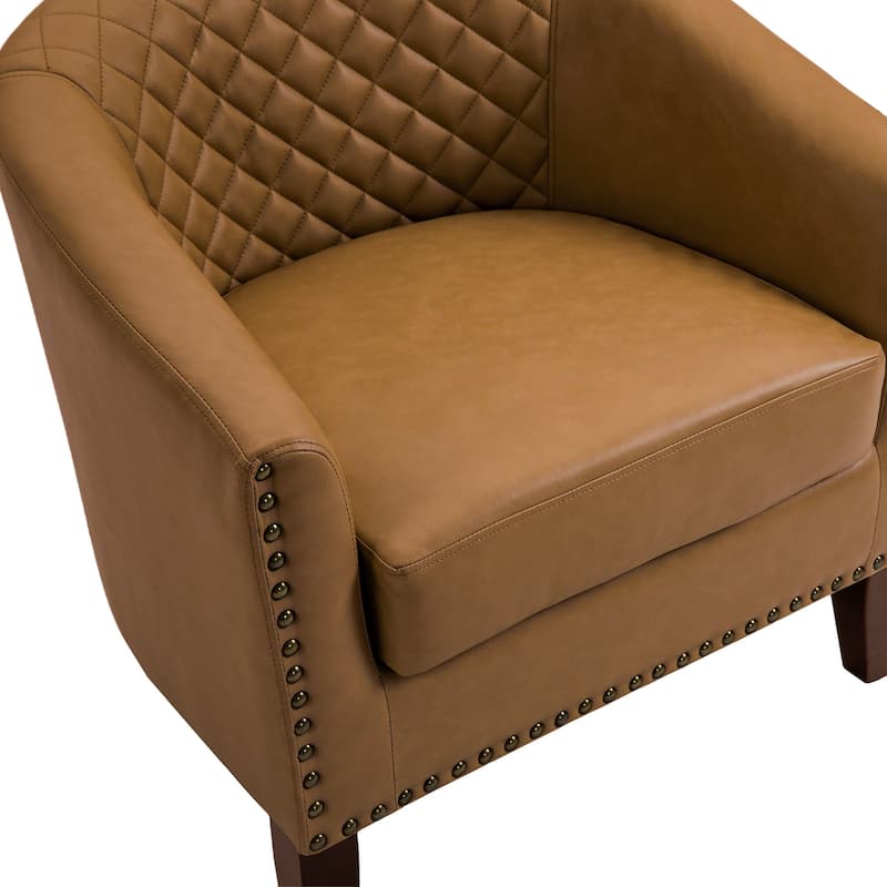 Modern Leather Nailheads Trim Barrel Accent Chairs with Wood Legs
