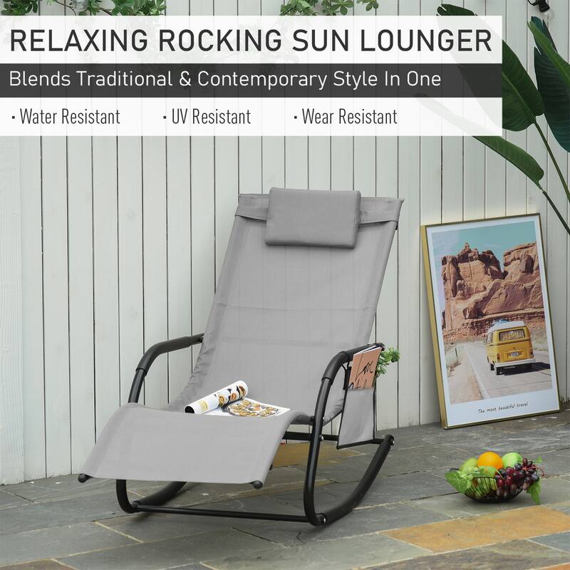 Outdoor Rocking Chaise Lounge Chair with Headrest Armrests and Side Pocket Breathable Mesh Recliner - 59" L x 24.5" W x 34.75" H