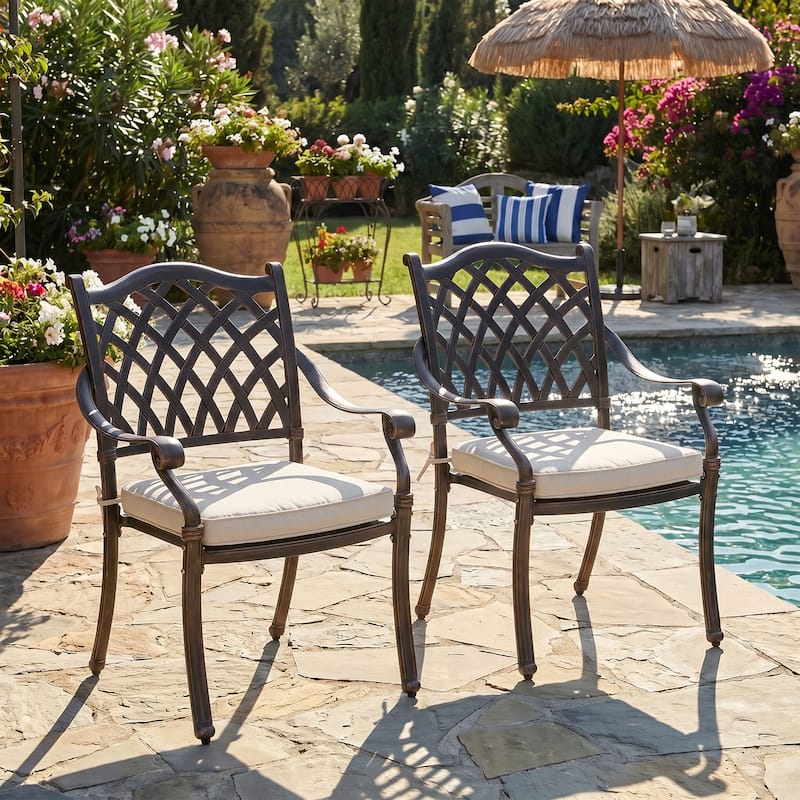 Outdoor Dining Chairs Bronze Cast Aluminum French European Inspired Design with Cushion Set of 2