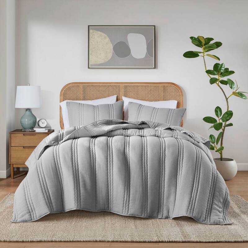 3 PCS King/Cal King Poly Gauze Quilt Set Gray