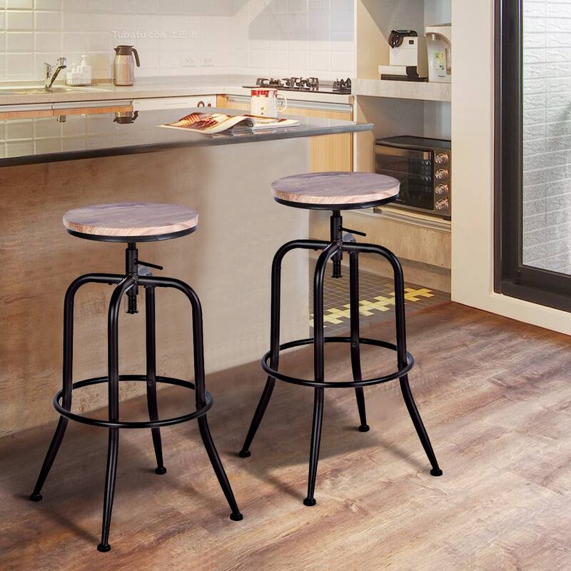 Set of 2 Adjustable Height Swivel Bar Stools with Footrest and Backless Round Wood Seat for Kitchen Island