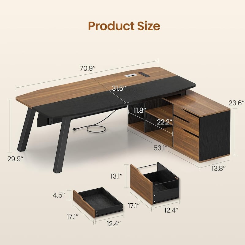 71" Executive Desk File Cabinet L Shaped Computer Desk Shelves