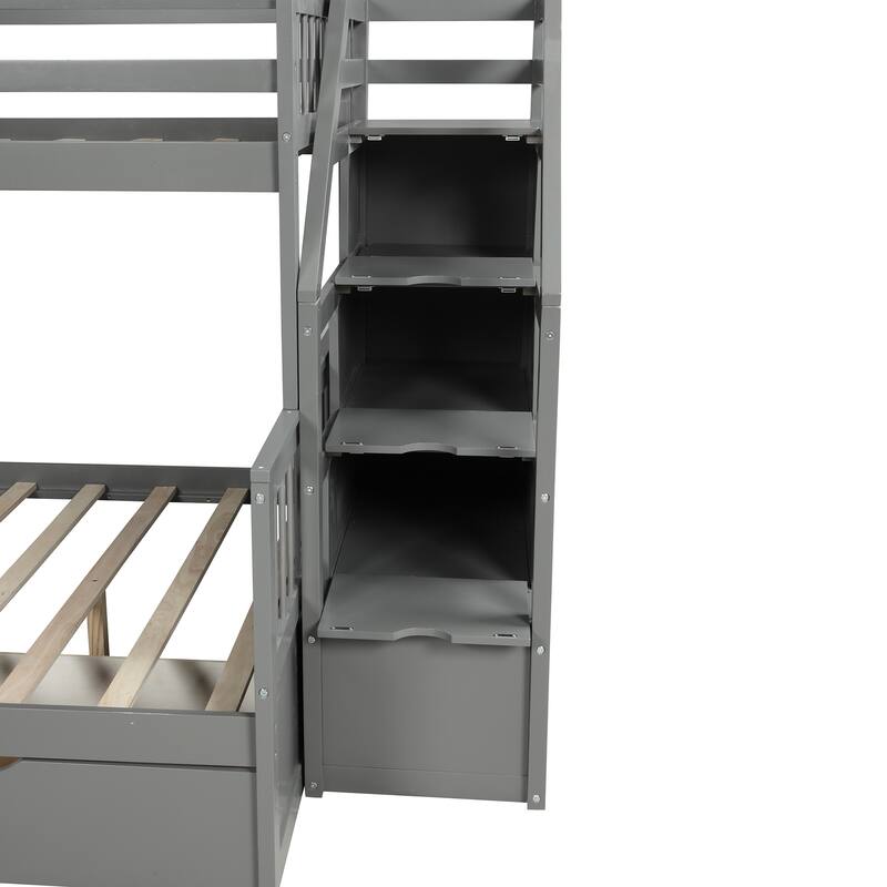 Multifunctional Twin over Full Bunk Bed with Drawers, Storage, and Slide in Gray