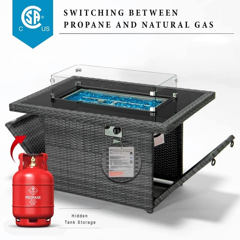 FINCATI 43" Outdoor Propane Fire Pit Table, 60,000 BTU Natural Gas Wicker Fire Pit, Patio Dual-fuel Rectangular Fireplace