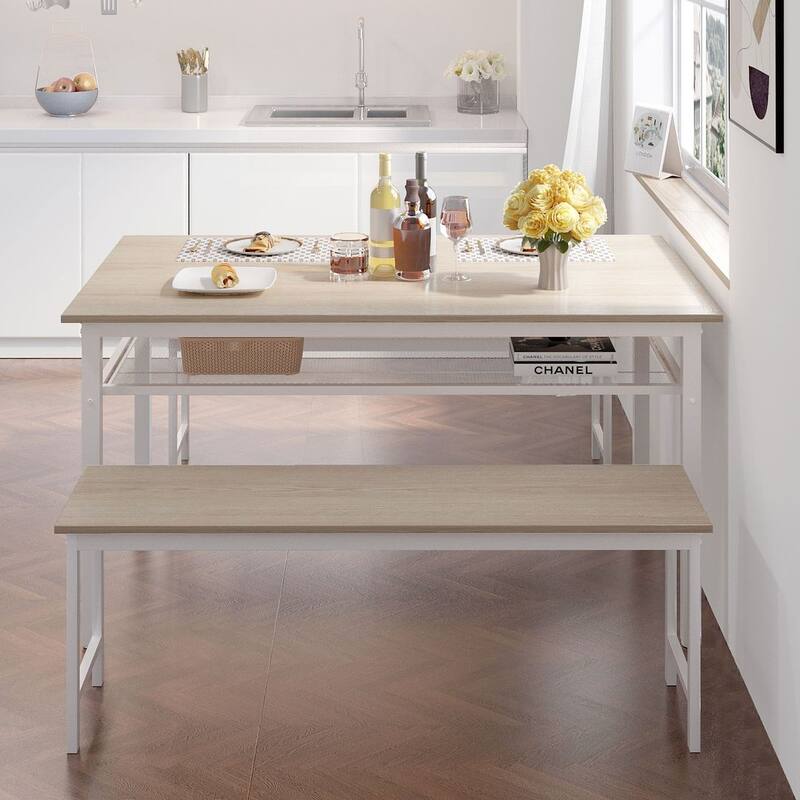3 Pieces Farmhouse Kitchen Table Set with Two Benches, Metal Frame and MDF Board