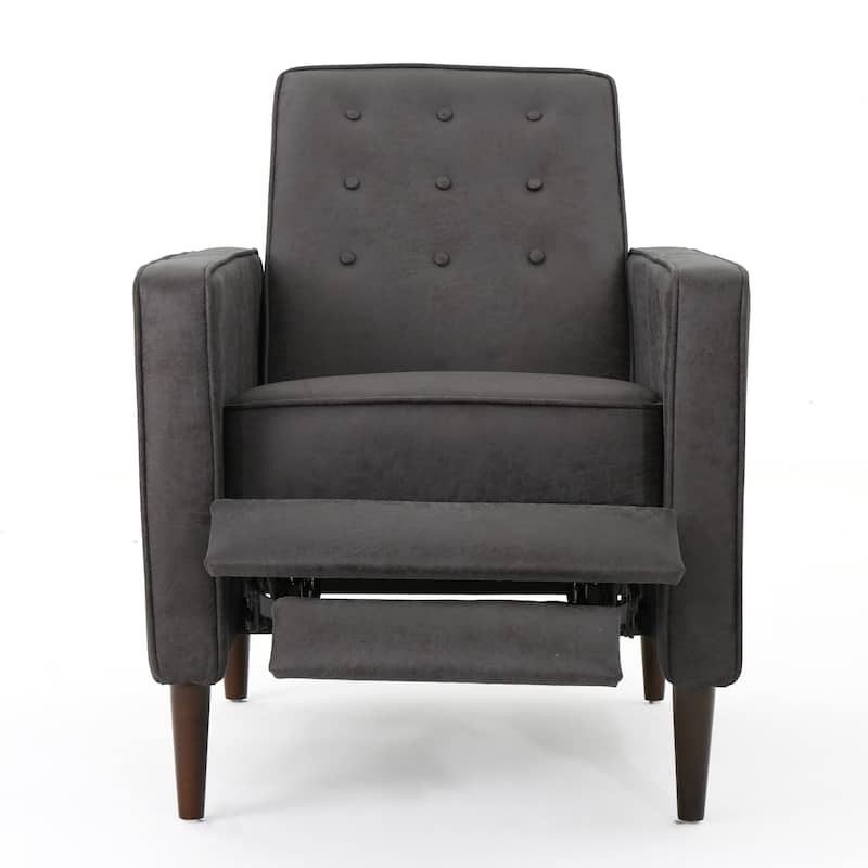 Gray Microfiber Mid-Century Push Back Recliner, Footrest, Button Back, Beech Legs