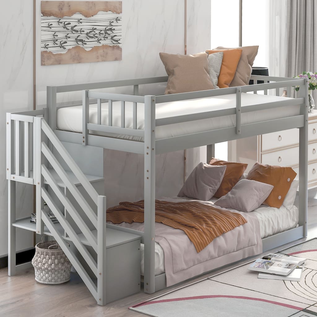 Twin over Twin Floor Bunk Bed with Storage Ladder, Gray