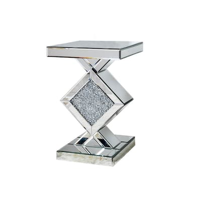 HomeRoots 24" Silver Mirrored Glass And Faux Crystals End Table - 23.62" X 15.74" X 15.74"