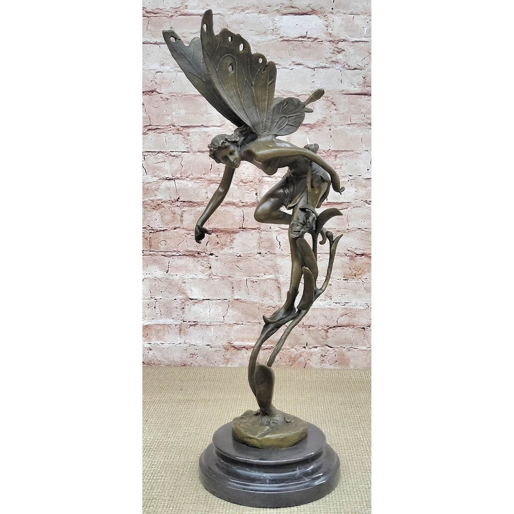 Mythical Fairy Nymph Flower Floral Scene Bronze Statue Sculpture Marble Base Art 19 Inches X 7 Inches