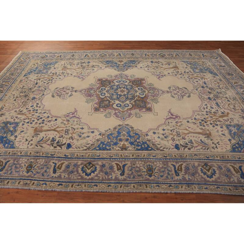 Geometric Tabriz Persian Area Rug Handmade Beige Wool Carpet - 7'8"x 11'3"
