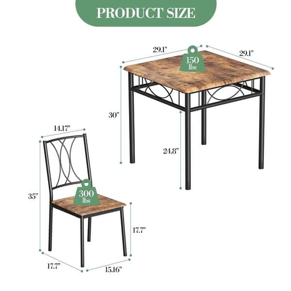 dimension image slide 1 of 3, Dining Table Set, 3 Pcs Space Saving Kitchen Table with 2 Chairs - 29.1x29.1x30in