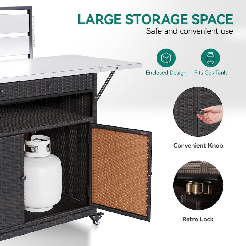 Outdoor kitchen cabinet Rolling Cart Bar Table Stainless Steel Extended - 57.8"L x 47.3"W x 24.8"H