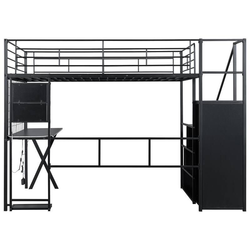 Metal High Loft Bed Frame with Guardrail, Full Size LED Loftbed with Built-in Work Station, Storage Staircase and Wardrobe