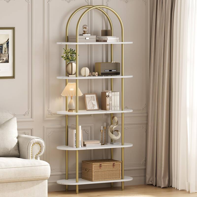 71" Bookshelf 5 Tier Bookcase Arched Display Racks Tall Bookshelf Freestanding Open Storage Shelf - Gold + Marble White
