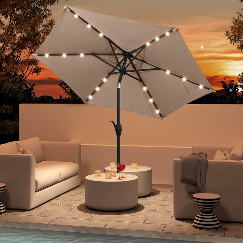 Costway 7.5 ft Solar Powered Patio Umbrella with LED Lights Push - Brown