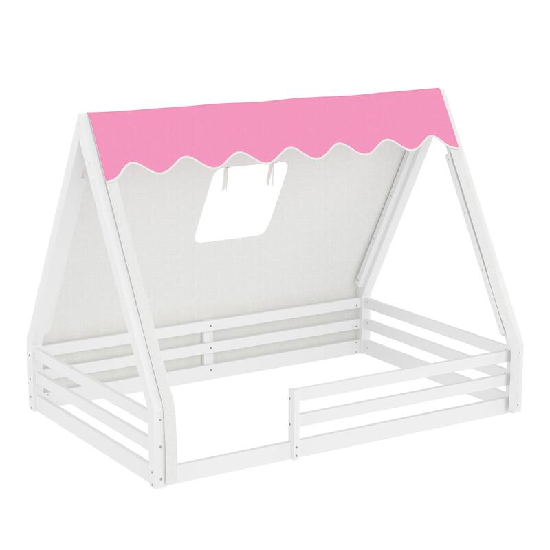 House Floor Bed with Tent and Light Montessori Kids Wood Bed Frame