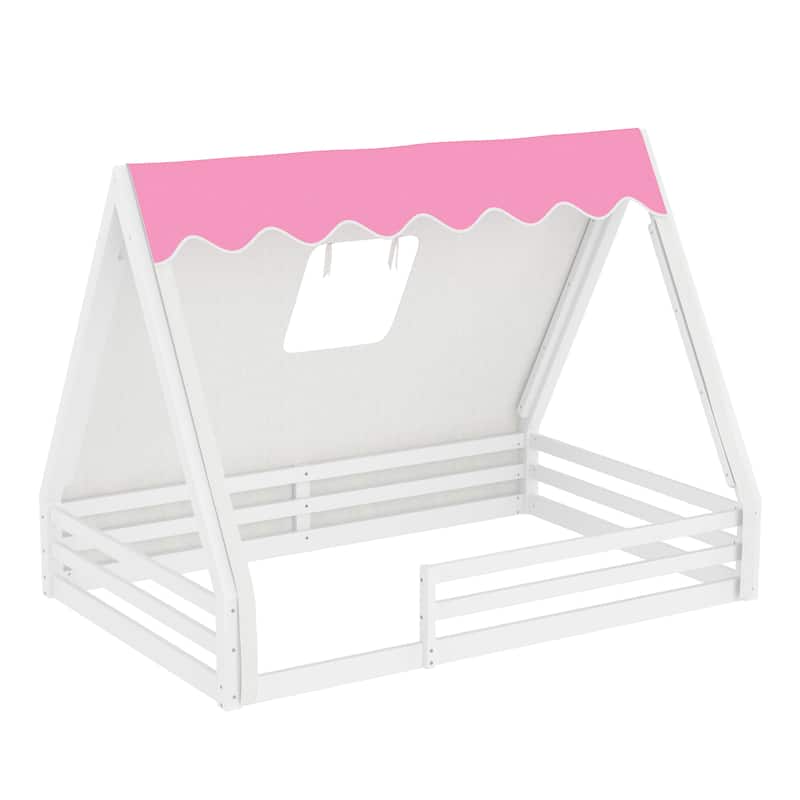 Teepee Montessori Bed for Toddlers, House-shaped Platform Bed Kids Playful Floor Bed with Tent, Sunroof and Light Strip