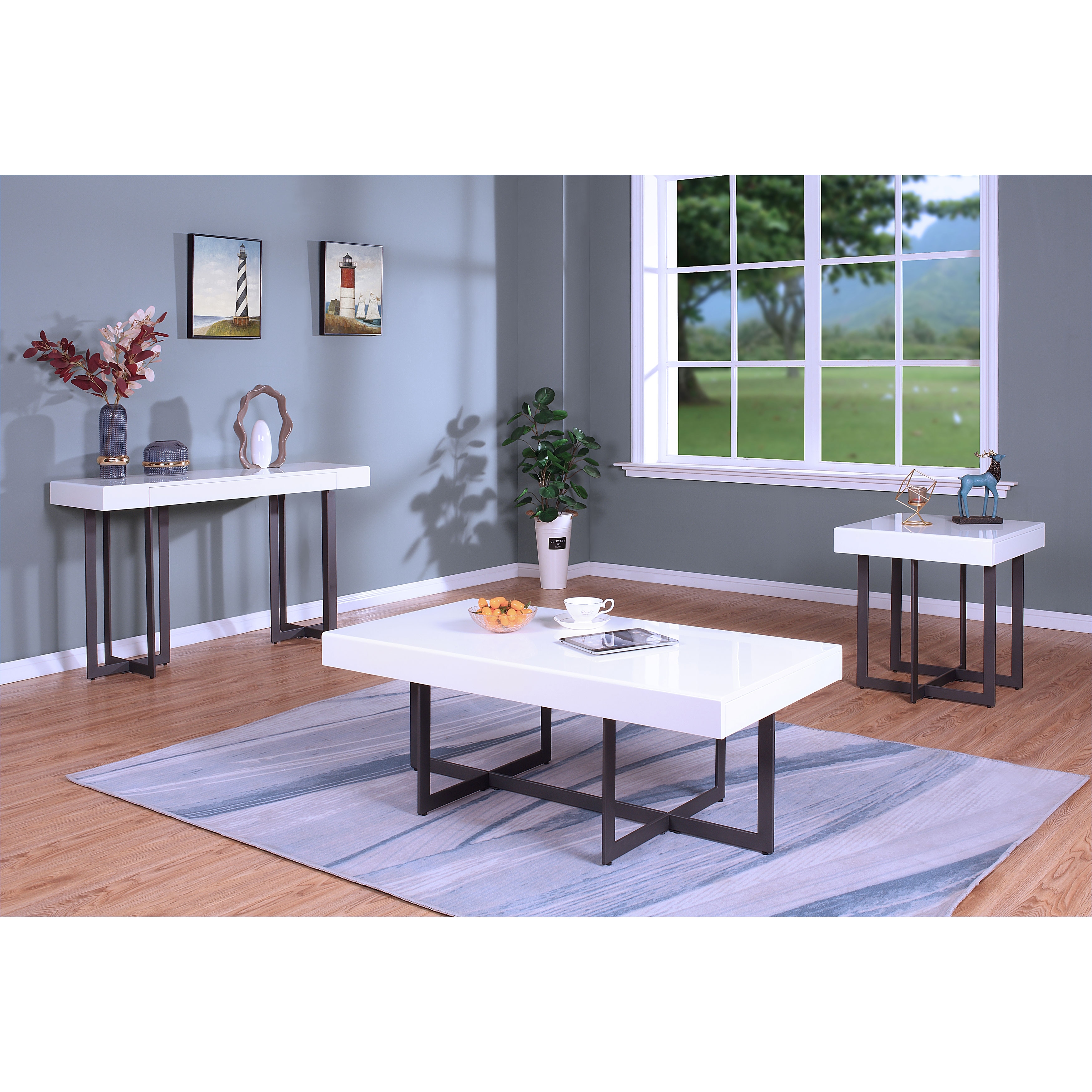 DH BASIC Contemporary White High Gloss 3-Piece Coffee Table Set
