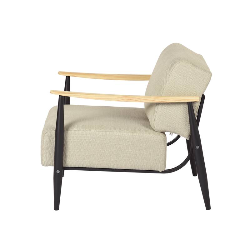 HomeRoots 28" Beige Black and Natural Upholstered Cushion and Solid Wood Arm Chair - 28.15 in. x 30.31 in. x 32.28 in.
